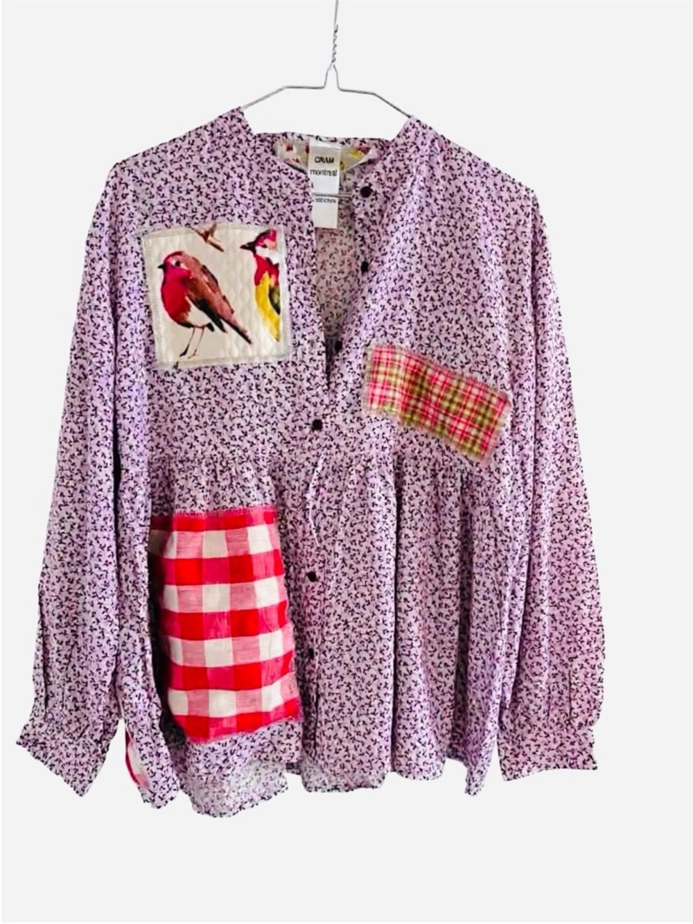 Odd Molly Lavender Floral Patchwork Button-Front Blouse with Bird Patch
